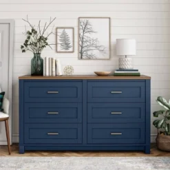 Henry 6 Drawer Walnut Top Wide Dresser Navy - Room & Joy